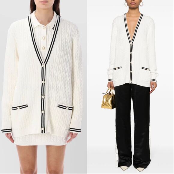 Alessandra Rich Cable Knit Cardigan Sweater Ivory - Picture 1 of 6